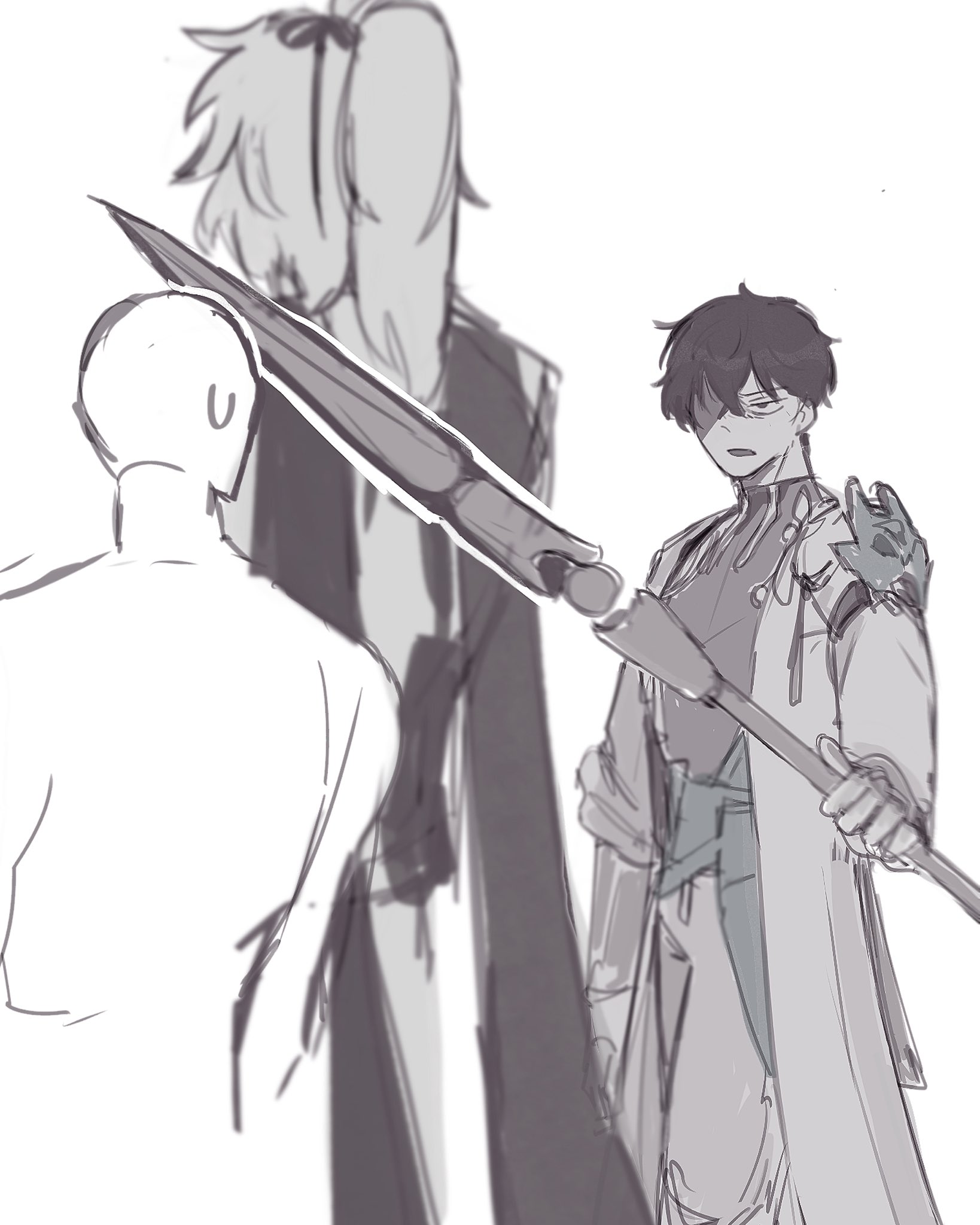 this is a digital drawing of three characters in a fighting pose.  the character in the middle appears to be holding a spear or a sword, the character on the left appears to be wielding a sword as well. the character on the right seems to be in a defensive stance, with their arm raised. all three characters have serious expressions on their faces, and their bodies are tense with anticipation. the dynamic poses and powerful expressions of these characters suggest that a battle is imminent. the sketchlike quality of the drawing adds a sense of immediacy to the scene, as if it is a moment caught in time.