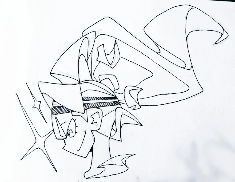 a black and white line art drawing of a fantasy character with a cape and wings, the character has a large smile and appears to be in a happy mood.
