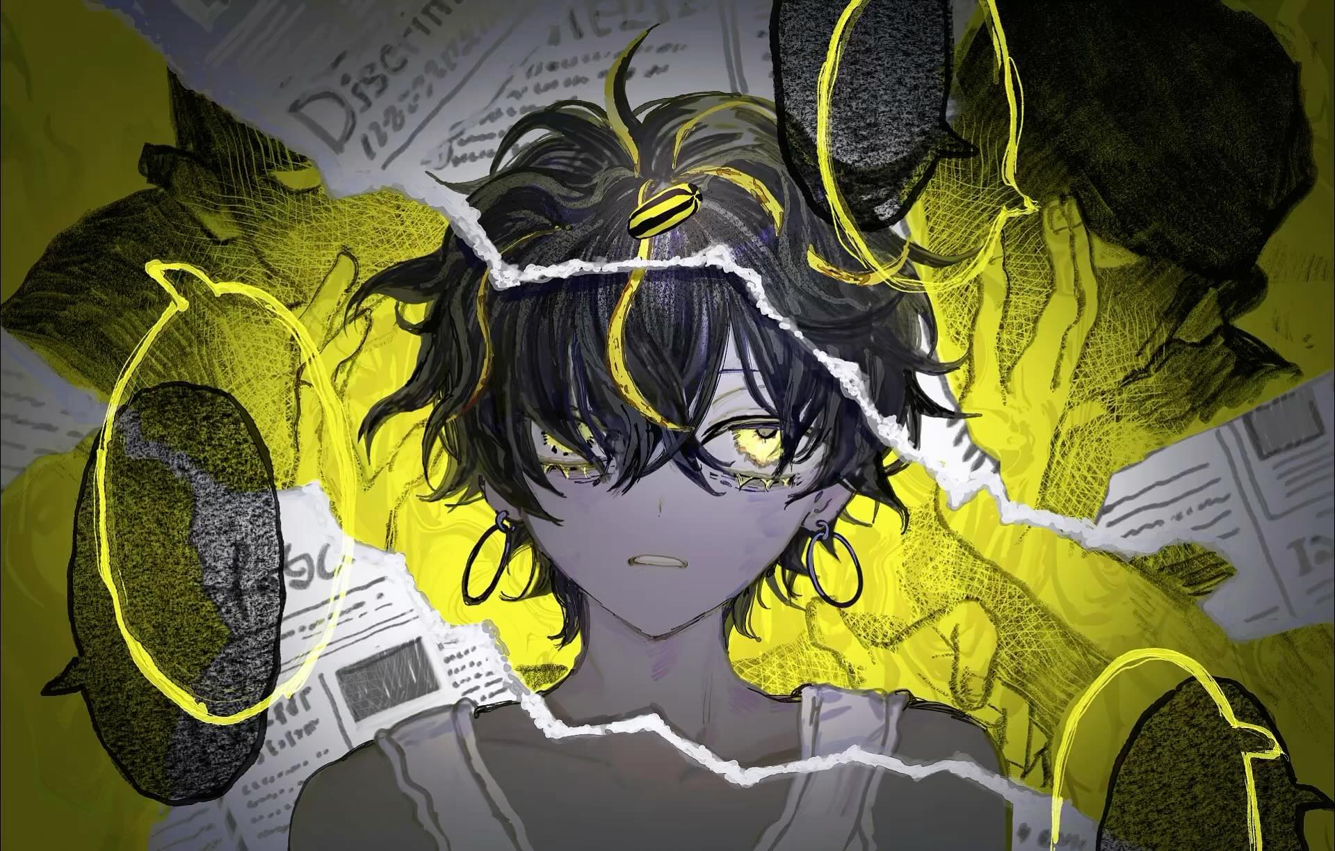 the image is a digital illustration of a young animestyle boy with black hair streaked with gold.  he has striking yellow eyes and wears large gold hoop earrings. he is depicted from the chest up, with his face slightly tilted.  the background is a chaotic blend of torn newspaper snippets, bright yellow highlighting, and stylized speech bubbles, creating a distressed and grunge aesthetic. the overall feel is dark, mysterious, and stylish, with the color scheme of yellow and black dominating the piece. the style is very graphic and expressive.