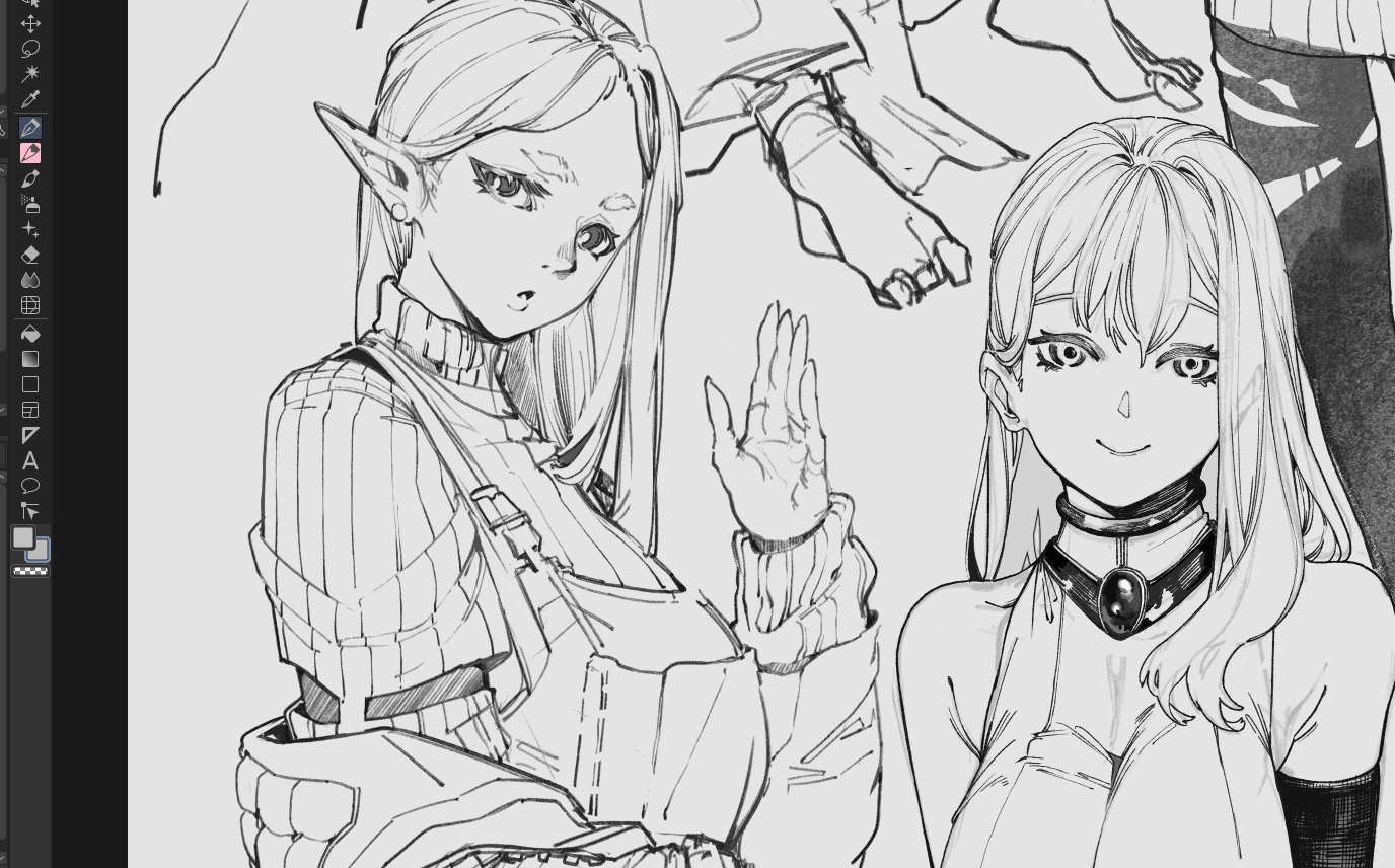 a black and white digital drawing featuring two anime/manga style women. the woman on the left has elf ears, a turtleneck sweater, and overalls, and she is holding up her hand. the woman on the right has long hair, a choker necklace with a large stone, and is smiling. the image is a sketch or line art. there are parts of more characters that are cropped out of the image.