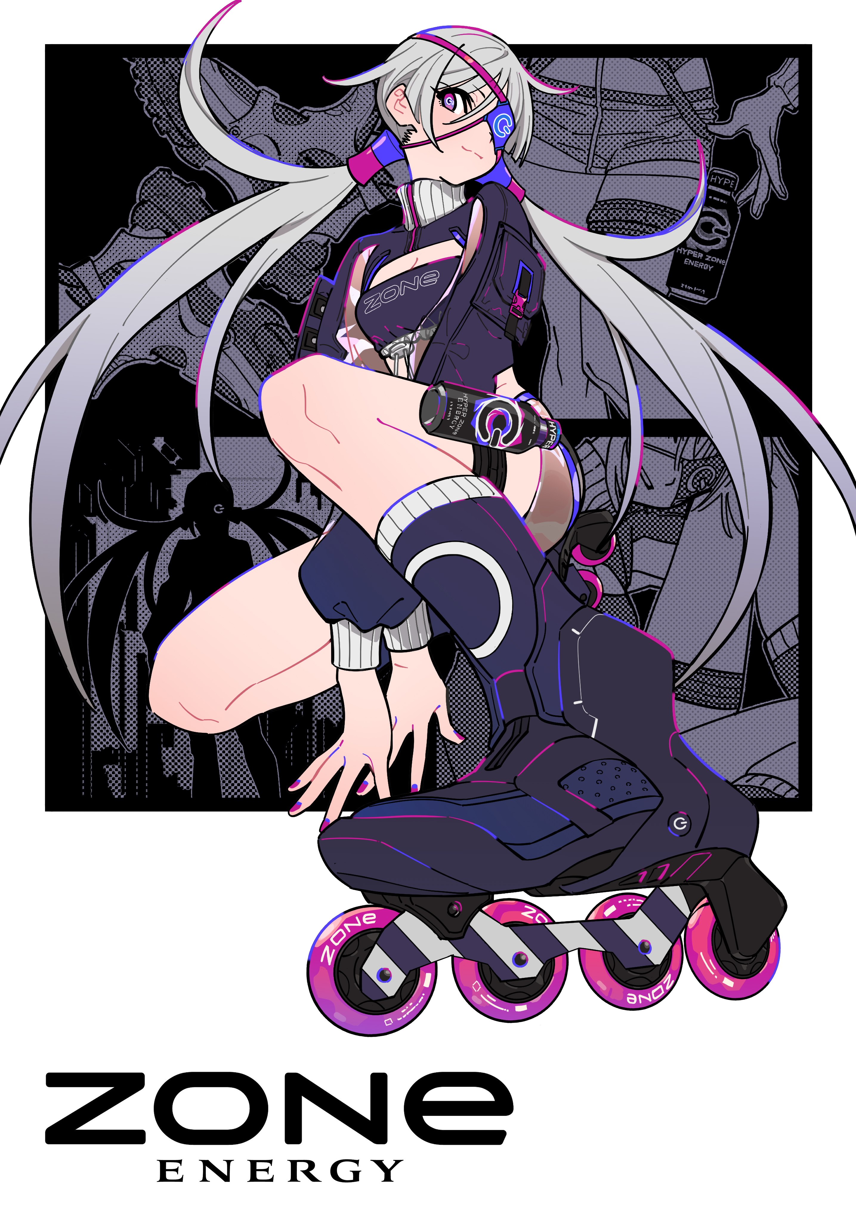 the image is a stylized illustration of an anime girl rollerblading.  she has long grey hair, and is wearing futuristic, cyberpunkinspired clothing and rollerblades with the "zone energy" logo prominently displayed on them. the background features mangastyle panels, further emphasizing the anime aesthetic. the overall color scheme is dark, accented with pops of pink and purple. the girl's pose is dynamic and suggests movement. the "zone energy" logo is also displayed prominently at the bottom.