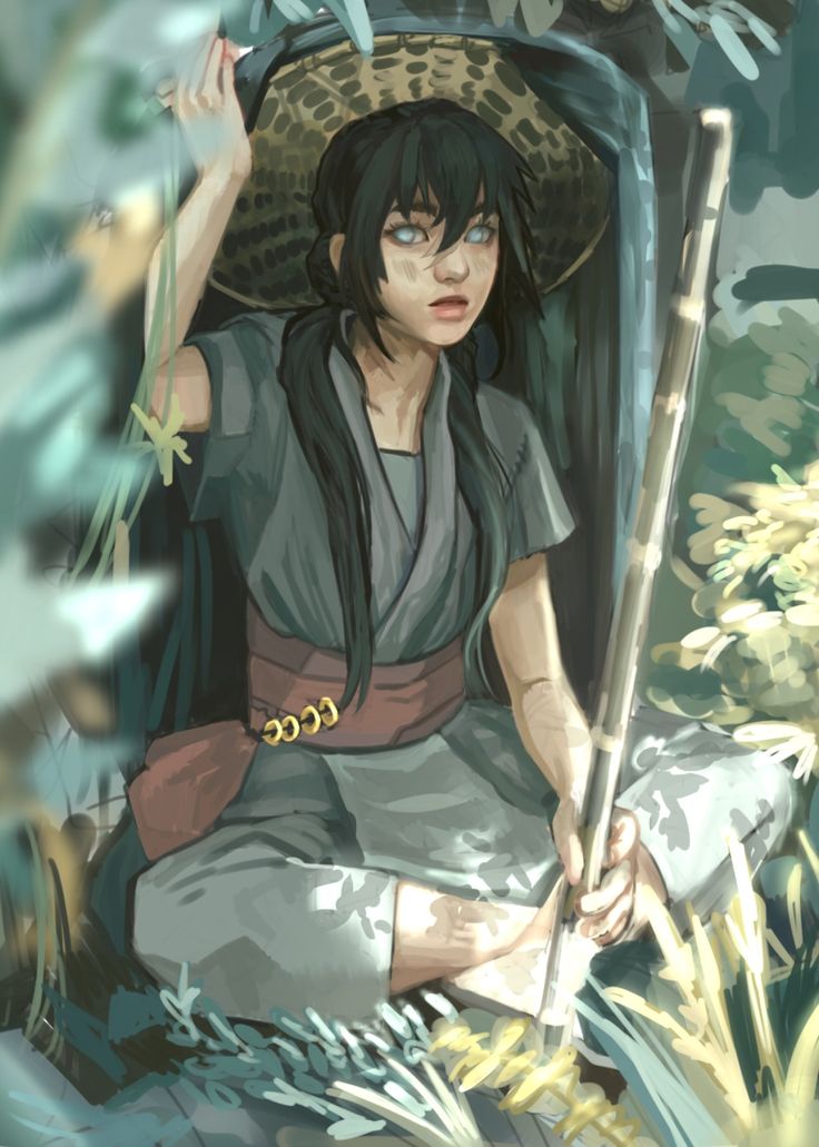 the digital painting depicts a young woman with long dark hair, wearing a teal kimonostyle garment and a large conical straw hat. she sits amongst lush, verdant foliage, holding a long bamboo staff.  her expression is serene and contemplative, suggesting a sense of peace and seclusion.  the overall style is a blend of fantasy art and anime, utilizing muted greens, teals, and grays to create a soft, atmospheric effect. the lighting creates a sense of depth and highlights the character's peaceful demeanor within her hidden natural setting.