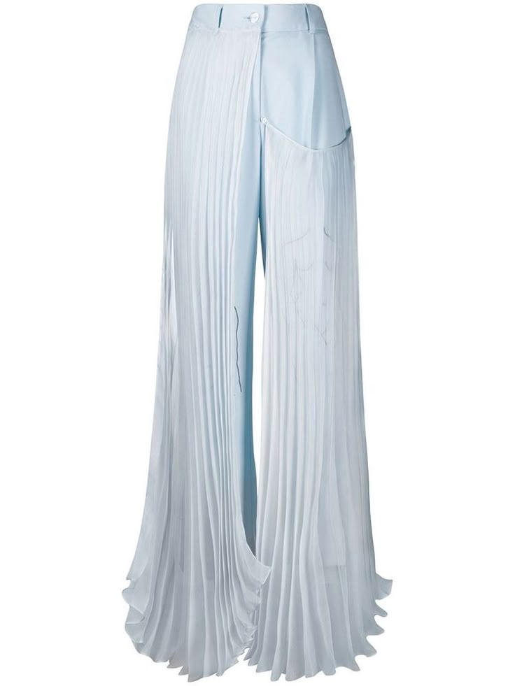 the image shows a pair of light blue wideleg pants with a pleated design on the outer legs. the pants have a button closure at the waist and a straight waistband. the pleats create a flowing, elegant effect.