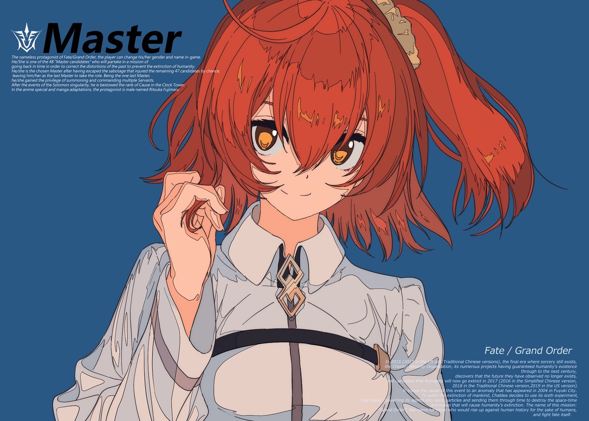 he image is a stylized illustration of the master character from the mobile game fate/grand order. the master, a young woman with long red hair tied in a ponytail, is depicted from the chest up. she is wearing a lightcolored collared shirt.  her expression is pleasant, and her right hand is near her hair.  the background is a solid dark blue. text around the image provides backstory on the game and the master's role in it. the text includes information about the game's plot, the master's identity, and the events of the solomon singularity. the style is reminiscent of anime character design.
