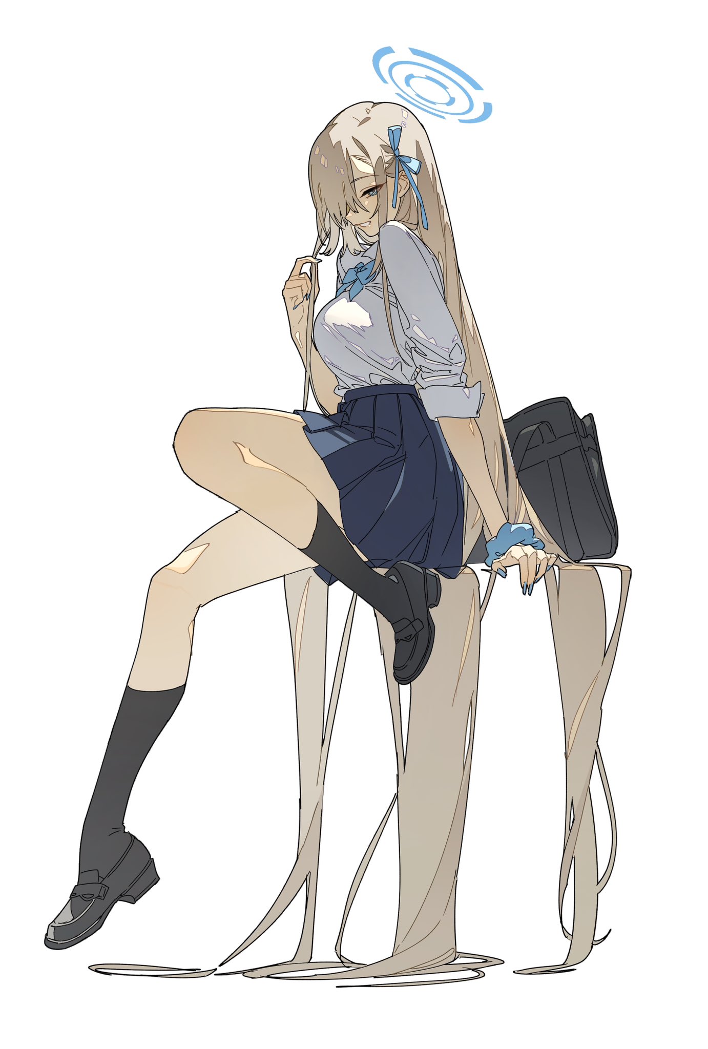 the image is a stylized illustration or drawing of an anime girl. she has long blonde hair, a school uniform consisting of a white shirt, blue pleated skirt, and dark socks and shoes.  she's sitting with her legs crossed on a chair or stool, a backpack next to her. her hair is exceptionally long and flows around her.  the style is somewhat minimalist, with soft lines and muted colors.  a small, light blue halolike swirl is above her head. the overall feel is serene and slightly whimsical.