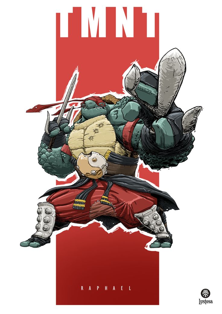 this is an illustration of raphael, one of the teenage mutant ninja turtles. he is drawn in a dynamic pose, holding his sai weapon in his right hand and striking a fighting stance. he is wearing his signature red mask and bandana and his green shell is visible underneath his black clothing. the background features a red rectangle with the letters "tmnt" at the top and "raphael" at the bottom. the image is drawn in a cartoon style and has a comic book feel.