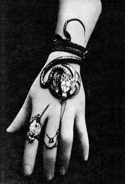 a black and white image features a hand adorned with intricate snakethemed jewelry. a large snake bracelet wraps around the wrist, with the snake's head resting on the back of the hand. additionally, there are two rings: one with a prominent stone and the other connected by a chain to the snake's head, giving the appearance of the snake slithering across the hand.