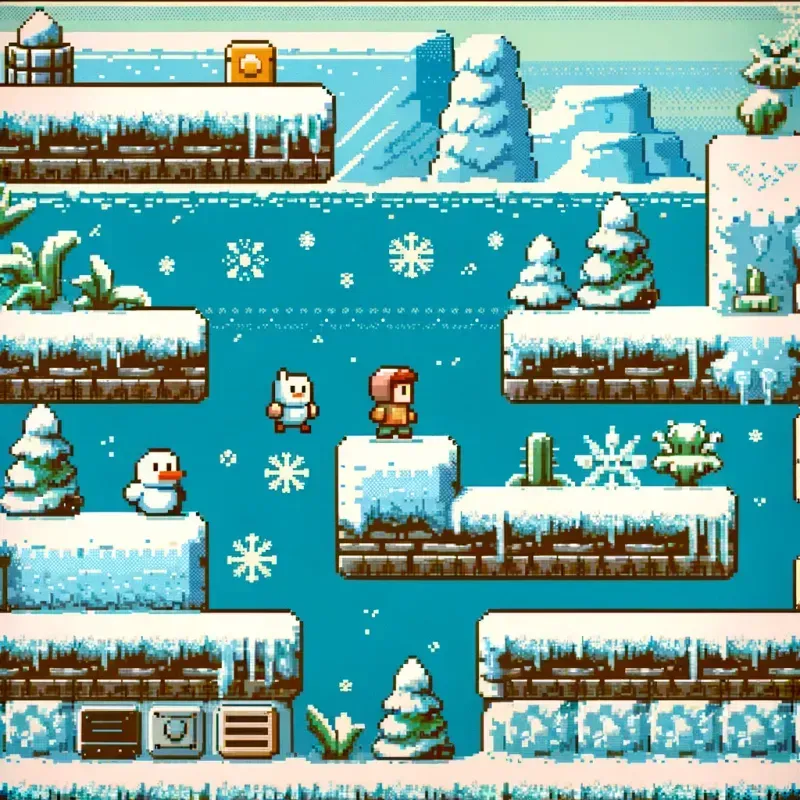 a pixel art winter level with two characters on a platform. the background shows snowy mountains and icy water, with platforms, trees, and snowflakes scattered throughout.