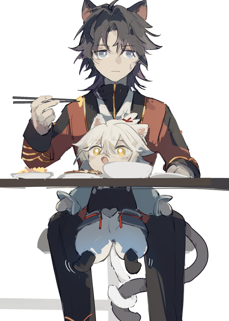 this is a cartoon image of two anime characters sitting at a table eating. the character on the left has black hair and cat ears. he is wearing a red, black and gold outfit and is using chopsticks to eat food from a bowl. the character on the right has white hair and cat ears. they are wearing a blue and black outfit. they are sitting on the character on the left's lap.  the character on the left has a grey cat tail.  there are two bowls of food on the table. the background is white.