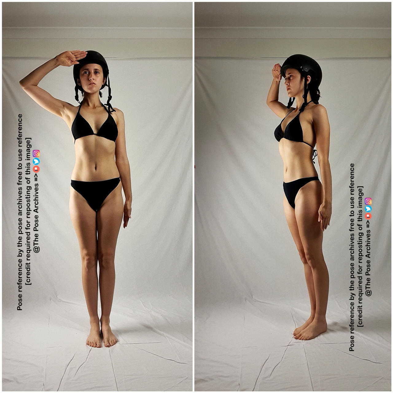 a woman in a black bikini and helmet stands in a saluting pose against a white background. the image is a reference for artists, with a watermark indicating the source and terms of use.