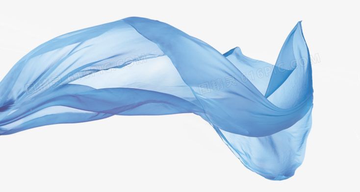 a flowing, sheer blue fabric is displayed against a white background. the fabric appears lightweight and translucent, suggesting movement and an airy quality. the drapery is arranged in soft folds and curves, creating a dynamic and visually appealing composition.