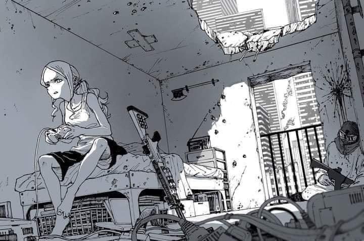 the image is a monochrome mangastyle illustration depicting a young girl sitting on a bed in a heavily damaged and cluttered room. the room shows signs of significant destruction, with bullet holes in the walls and a large hole in the ceiling revealing the cityscape outside.  the girl is engrossed in playing a video game console. a rifle is leaning against the bed, suggesting a postapocalyptic or wartorn setting.  the background shows a city skyline viewed through a broken window. another figure, possibly a soldier, is partially visible in the background. the overall atmosphere is one of dystopia and survival.