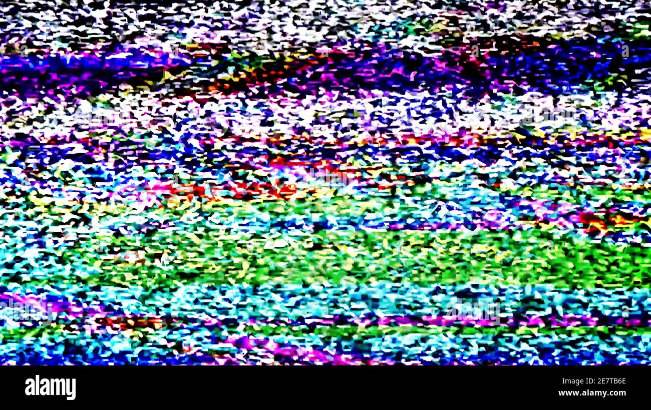 the image is of a distorted television screen, displaying static noise instead of a clear image. the colors are vibrant and constantly shifting, creating a chaotic and abstract pattern.