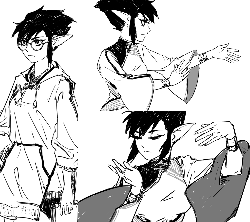 he image contains three sketches of an animestyle female elf character in different poses and outfits. the first sketch shows the character wearing a hoodie and glasses, the second shows her in a more formal outfit with long sleeves, and the third shows her in a flowing robelike garment.  all three sketches are done in black and white with a loose, expressive style. the character has pointed ears, dark hair, and expressive eyes. the art style suggests a focus on character design and dynamic posing.