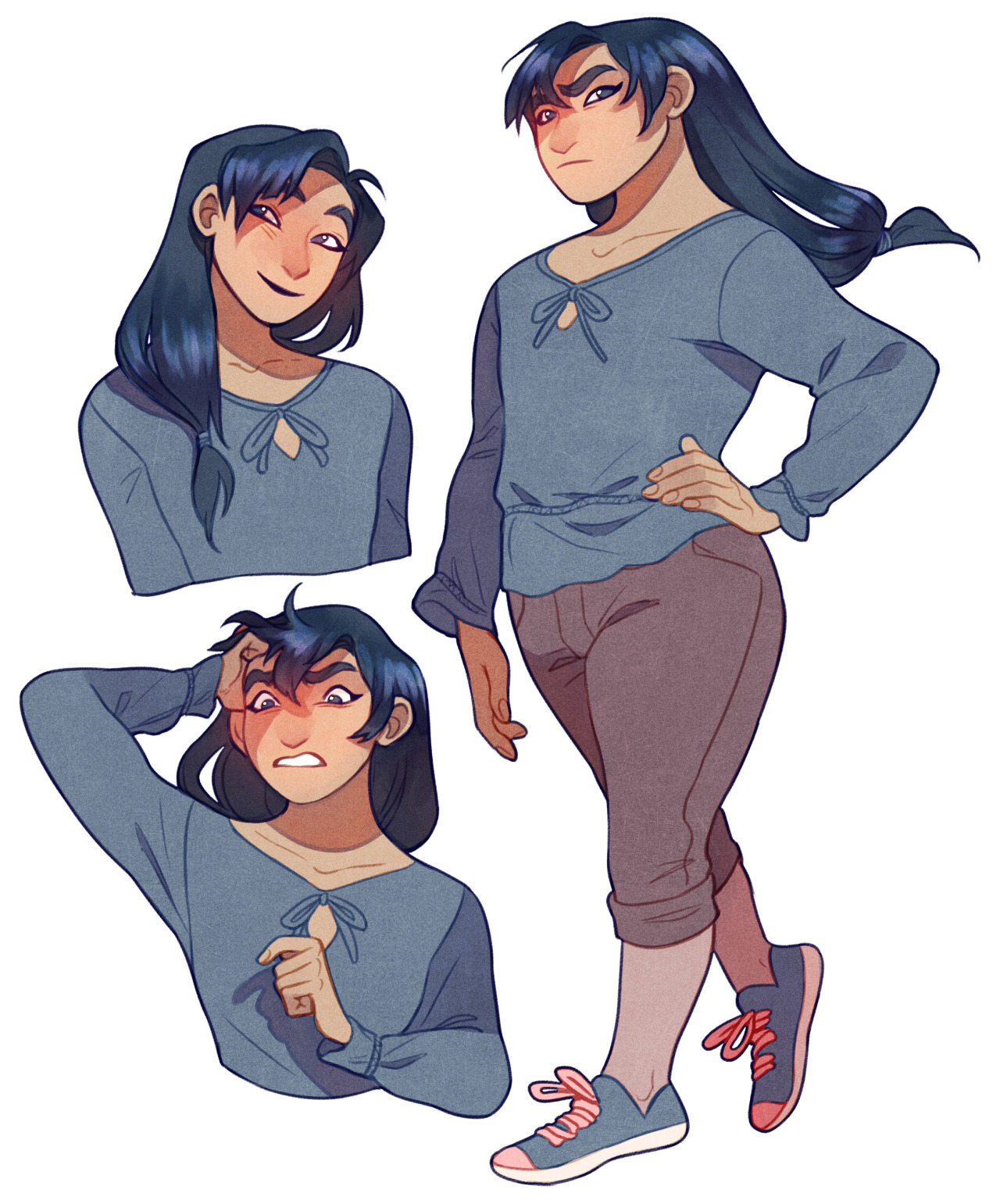 a character design sheet showing a young woman with long, dark hair and tan skin in four different poses. she has a blue longsleeved shirt on with a tie at the neck, brown pants, and pink shoelaces.  the poses show her happy, annoyed, frustrated, and confident.
