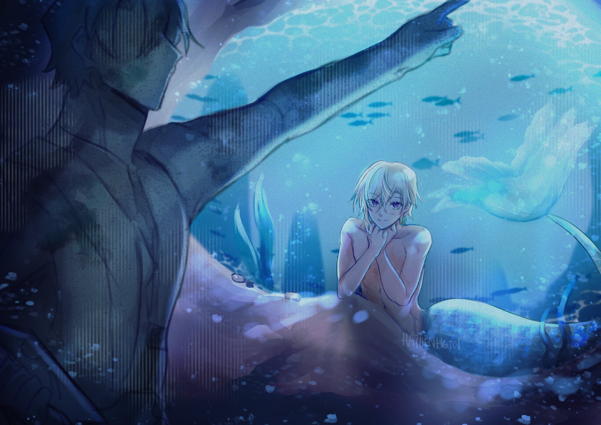 this is a digital illustration of a male anime character, a mermaid. he has a beautiful blue tail with fins and is sitting underwater.  he has white hair, blue eyes and a shy expression on his face.  another male figure stands out of frame looking in at him. the background is a deep blue with green seaweed and fish swimming around.  the image has a romantic, soft and gentle vibe.