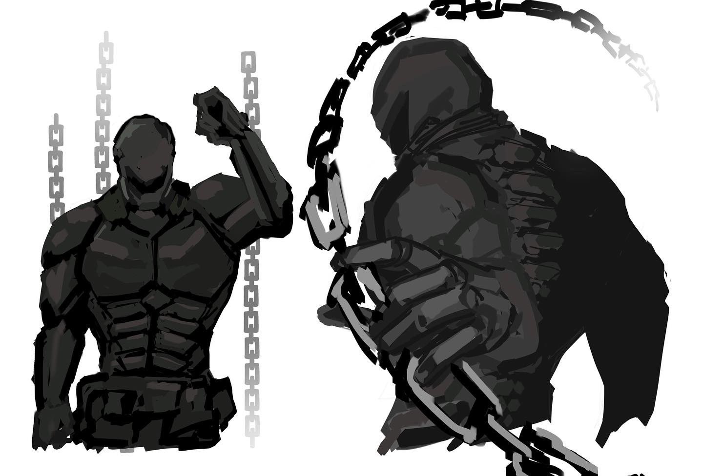 two shadowed figures stand in front of a white background. the figures are wearing black suits with chains. both figures have their right arms up. one of the figures is standing in front of another. the image is a dark, digital illustration.