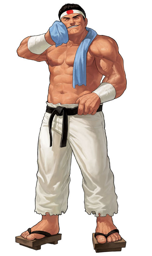 a japanese man with a strong build, wearing a white karate gi with a black belt and geta sandals. he is wiping his forehead with a blue towel. he has a muscular build, and a confident expression on his face.  the image is a illustration, and he is likely a character from a video game or comic book.