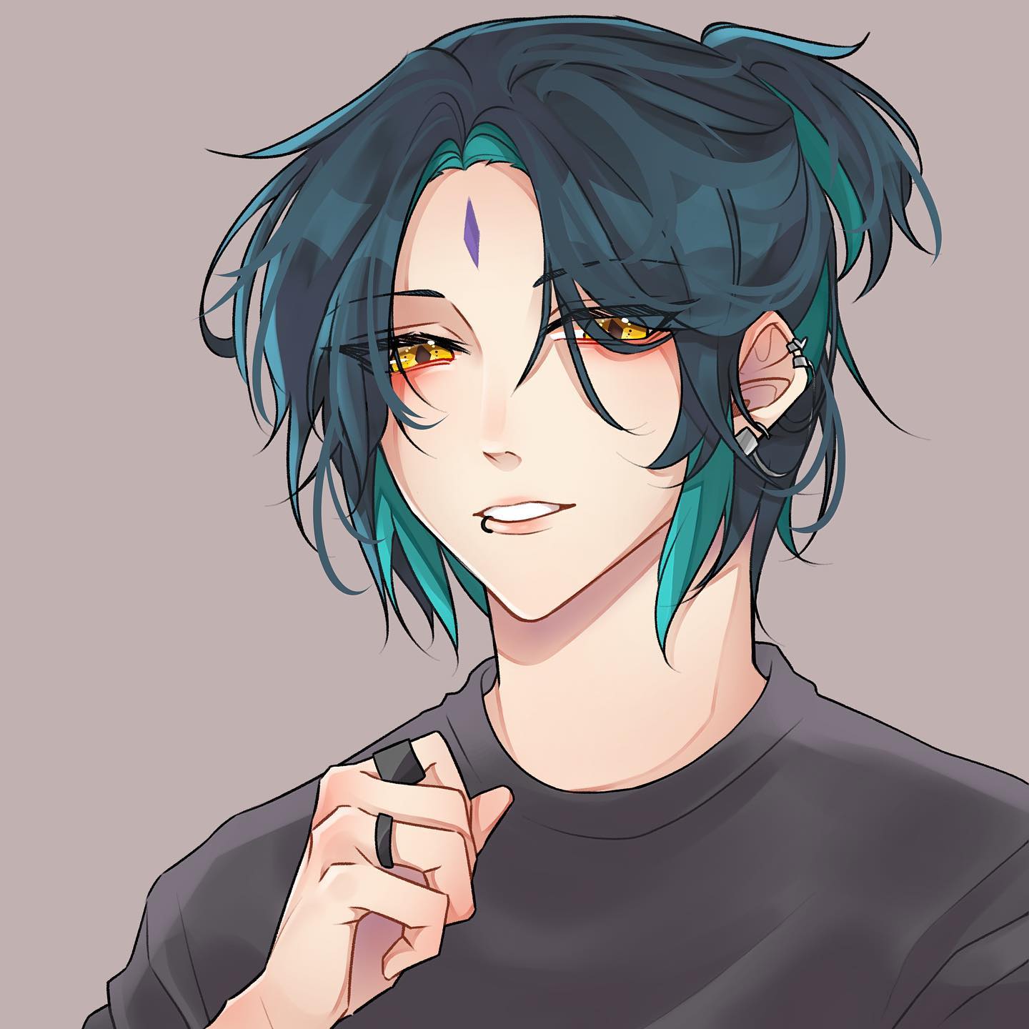 he image is a digital drawing of an animestyle boy. he has teal and blue hair styled in a halfupdo, yellow eyes, and a small purple marking on his forehead. he is wearing a dark gray tshirt and has several piercings in his left ear. his expression is a subtle smirk, and he is holding his hand near his face. the style is clean and smooth, with soft shading and vibrant colors. the background is a simple, neutral gray. the overall impression is one of cool, stylish youth.