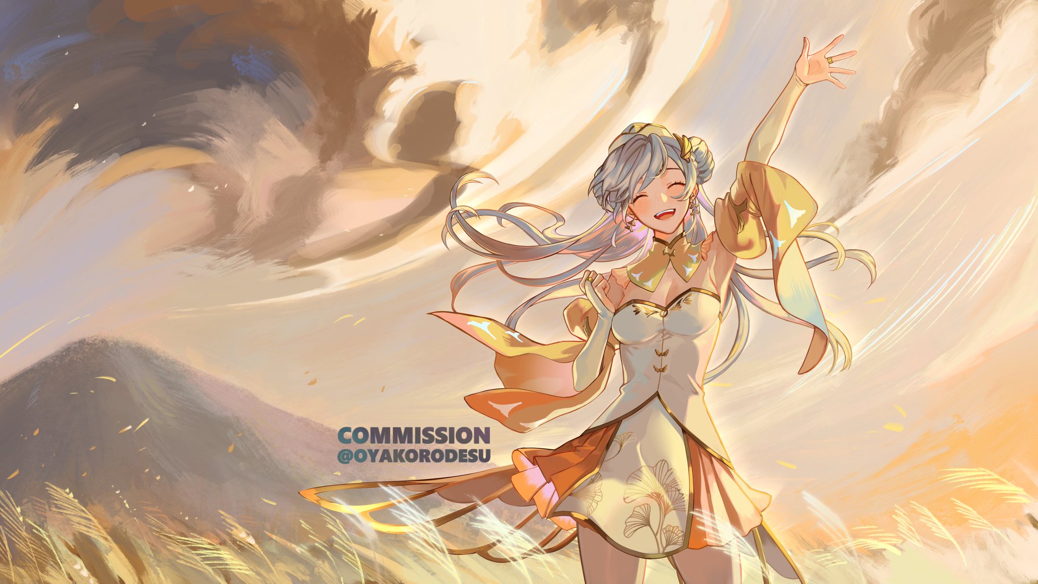an anime girl with long white hair, blue eyes, and a big smile is wearing a white dress with yellow and orange floral patterns and a yellow shawl. she is standing in a field with a mountain in the background and the sunset behind her. the image is a digital illustration that was commissioned.