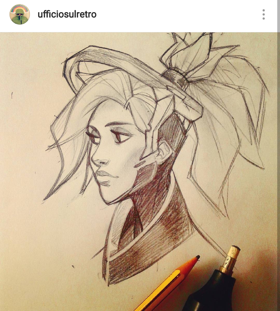 the image is a pencil sketch of a female character, likely mercy from the video game overwatch. the drawing shows the character's head and shoulders in a side view, featuring her distinctive hairstyle and headgear. a pencil and an ink pen are visible in the lower right corner of the image, suggesting they were the tools used to create the drawing. the drawing is on a piece of paper.
