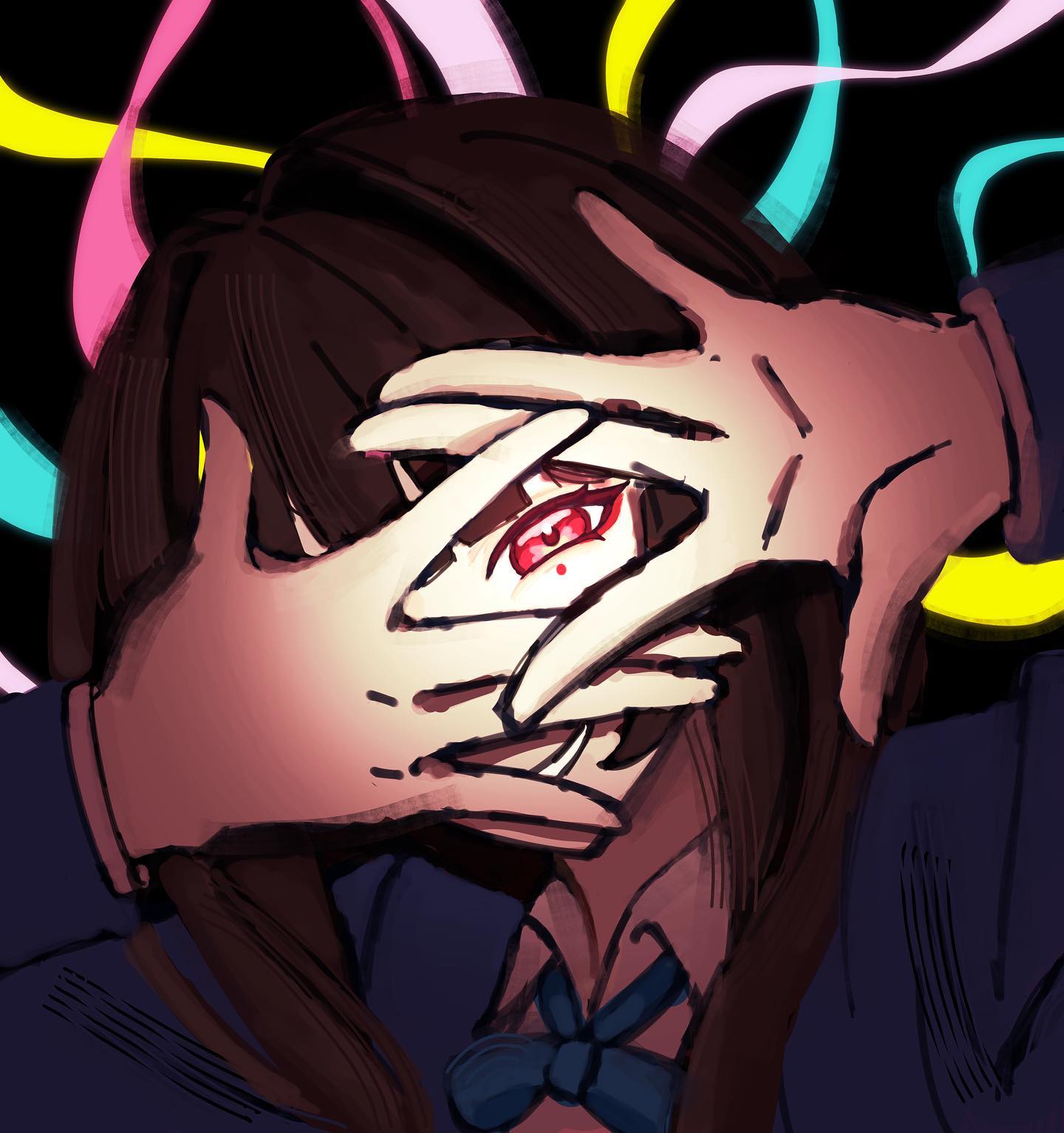 the image is a digital painting in a style reminiscent of anime or manga. it depicts a girl with long brown hair, partially obscuring her face with her hands. only one red eye is visible, peeking through her fingers. the background is a swirl of vibrant, abstract lines in neon pink, teal, and yellow, creating a psychedelic and mysterious atmosphere. the girl appears to be wearing a darkcolored school uniform with a bow tie. the overall mood is dark, secretive, and suggestive of something hidden or supernatural. the style is expressive and slightly rough around the edges, adding to the piece's enigmatic and artistic feel.