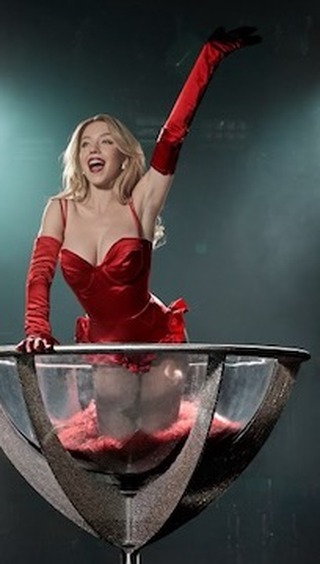 a captivating image of a woman in a red burlesquestyle dress and long red gloves. she is dramatically posed, appearing to emerge from or be suspended within a large martini glass filled with a red substance, possibly sand or confetti. the background is dark and moody, emphasizing the woman and her attire. the overall aesthetic is vintageinspired, with a strong emphasis on glamour and theatricality. the scene appears to be a theatrical performance or photoshoot.