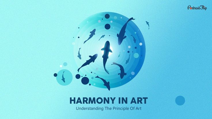 an abstract illustration with a blue background. the main focus of the image is a large circle. inside the circle are multiple fish shapes in shades of blue. outside the circle are other smaller blue circles. the text "harmony in art" is written in bold beneath the circle. the words "understanding the principle of art" are written below the title.