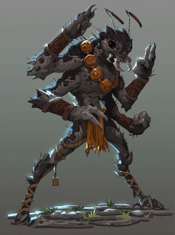 the image showcases a humanoid insect creature, possibly a warrior or monk, designed in a stylized and exaggerated manner. the creature stands in a confident pose, ready for battle, against a muted natural background. its exoskeleton is dark with lighter accents, highlighting its muscular physique. it wears minimal clothing, including a loincloth and armbands, emphasizing its connection to nature and a life of combat.  the soft lighting enhances the creature's fierce expression and detailed features, making it a captivating subject.