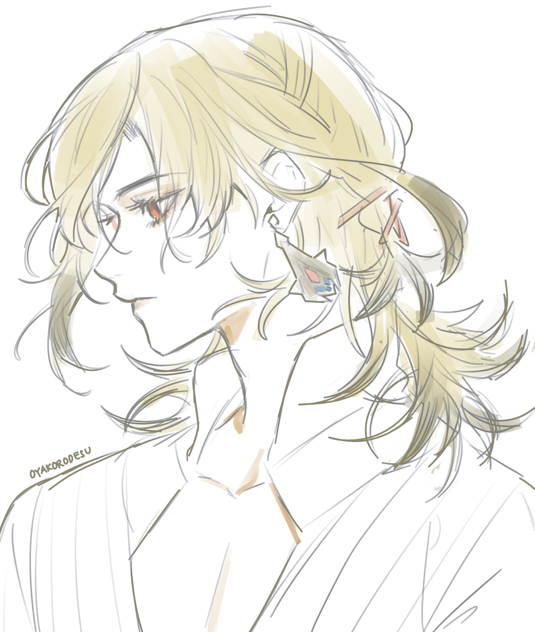 a sketch drawing of an anime character, a young man with long blonde hair, wearing a white shirt. he is looking away, and the drawing only shows his profile. there is a small earring on his left ear.
