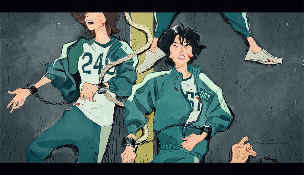 this is a digital illustration of two players from the netflix series squid game. they are both wearing green jumpsuits with numbers on the back and are chained together. they are both bleeding and look like they are in distress. the image suggests violence and danger.