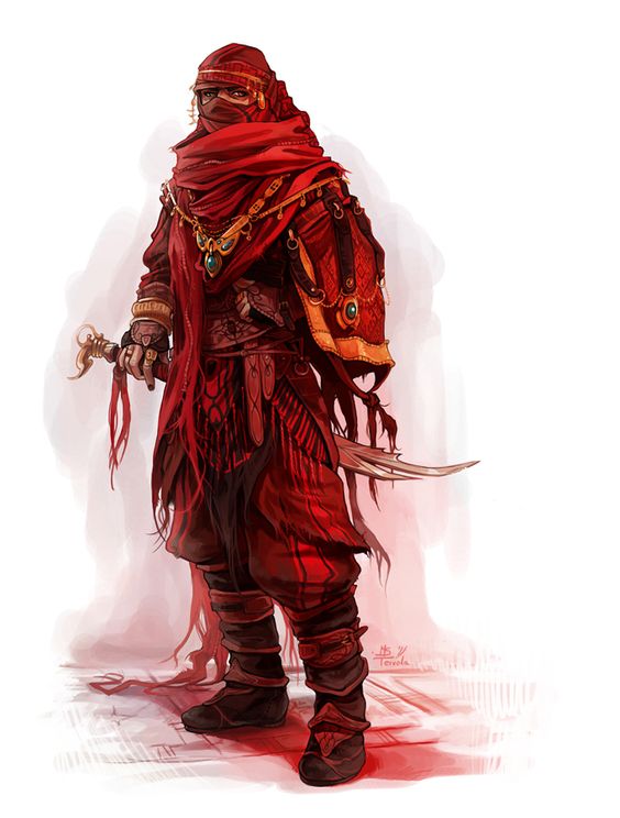 a digital painting of a warrior clad in flowing red robes stands holding a scimitar. the figure's face is obscured by a red veil. they wear ornate jewelry and a curved dagger is tucked into their belt. the background is a wash of pale colors, suggesting a dusty or sandy environment.  the artwork has a painterly style with visible brushstrokes.