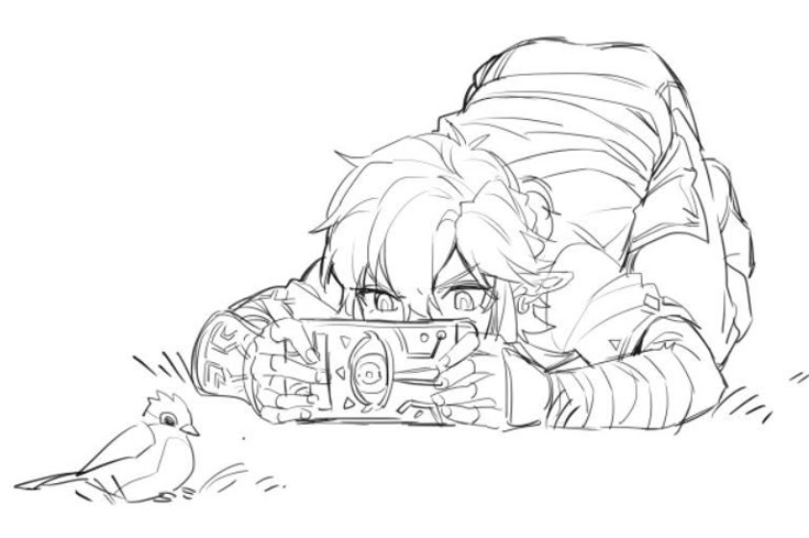 the image shows a black and white line art drawing of link from legend of zelda lying on his stomach, holding up a camera, and taking a picture of a bird in front of him.