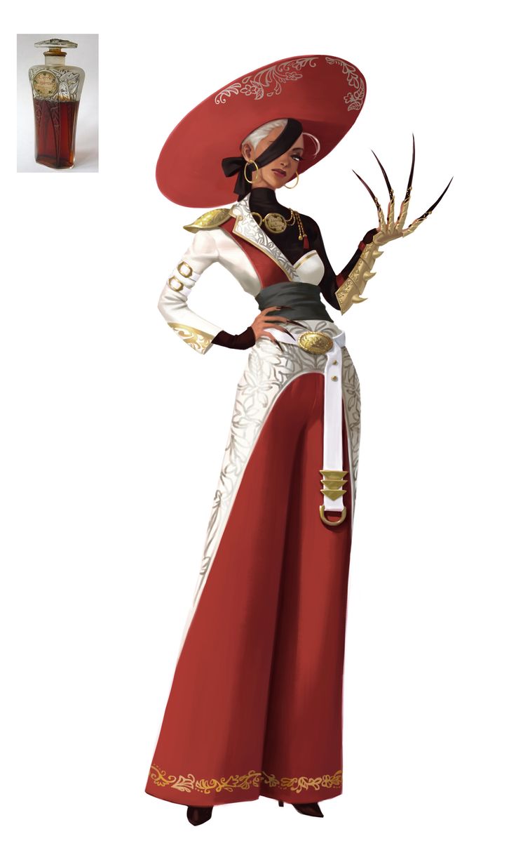 this is a digital illustration of a female warrior with claws. she is wearing a red sombrero with gold embroidery, a white shirt, red and white pants, a black belt, and gold boots. her nails are long and sharp and she is holding her hand up in a clawlike position. the background is a solid white color.