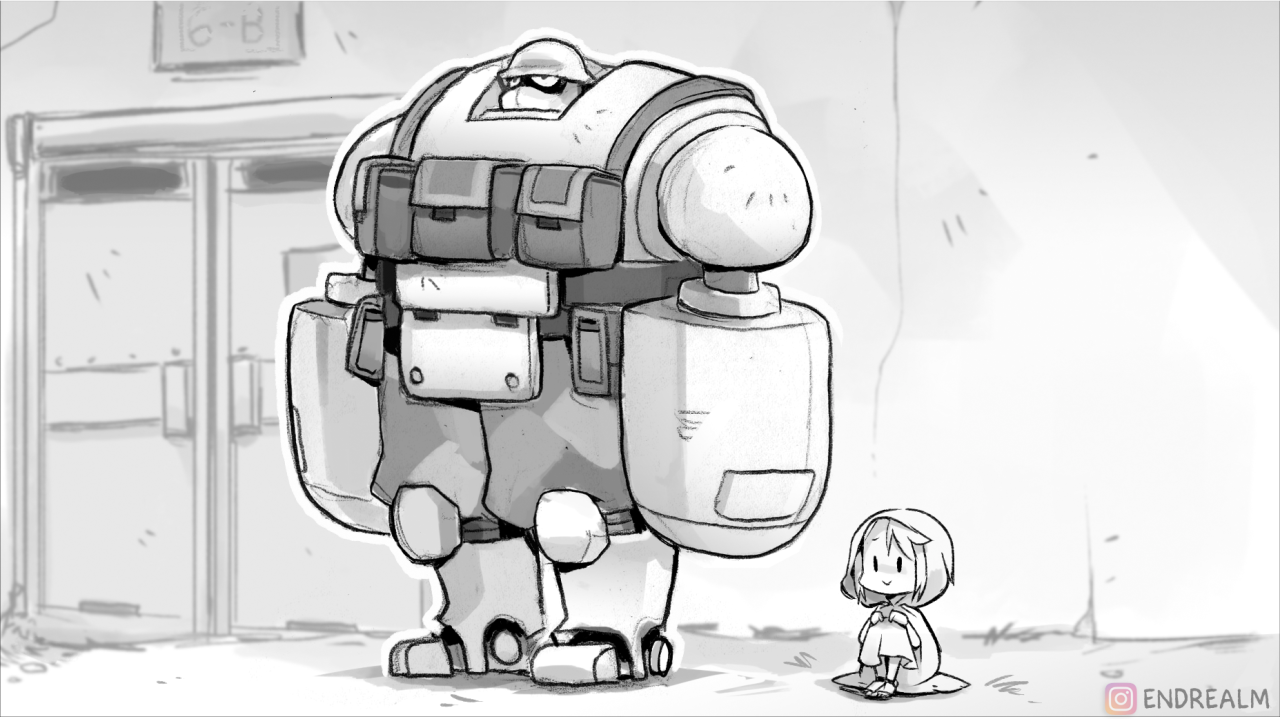 the image features a large, friendlylooking robot standing in a hallway, possibly within a school, as indicated by the "b1" marking on the door.  the robot's design is rounded and somewhat cartoonish, with oversized hands and a simple, helmetlike head.  beside the towering robot stands a tiny girl, drawn in a similar style,  with large eyes and a simple dress. the contrast in their sizes emphasizes the protective, gentle nature often associated with giant robots in media. the overall grayscale palette emphasizes the sketchlike quality of the artwork.
