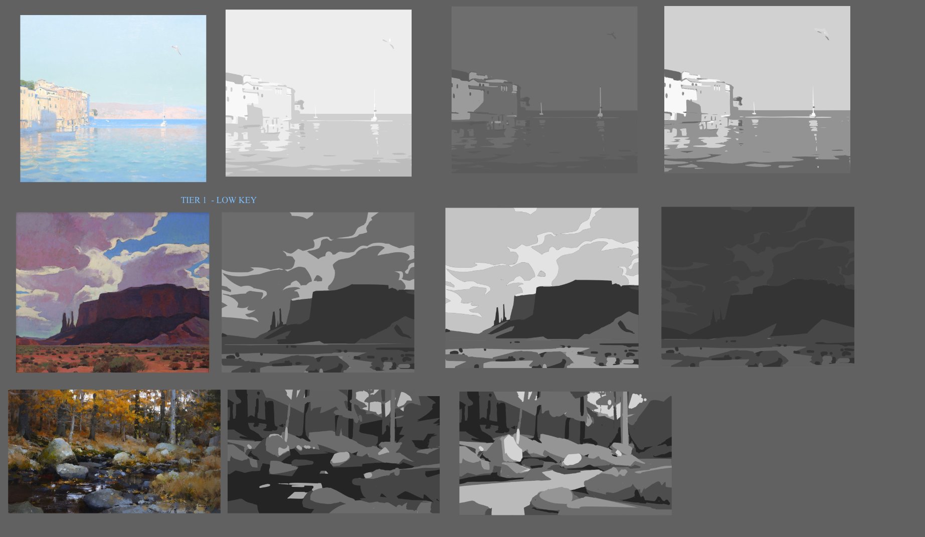 the image shows a collection of landscape paintings and their corresponding grayscale and color palette variations. each row features a different painting: a coastal scene, a desert landscape with a mesa, and a forest scene with a stream. for each painting, the image includes the original color version, a grayscale version, a black and white version, and two versions with limited color palettes, highlighting the tonal values and color relationships in each scene.