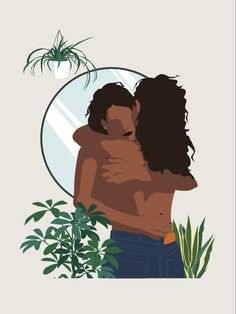 two darkskinned women embrace in front of a circular mirror.  the woman being embraced is topless, wearing lowrise blue jeans.  her partner's body is mostly obscured.  the pair is surrounded by house plants with light green foliage. the background is an offwhite/pale taupe. the overall mood is one