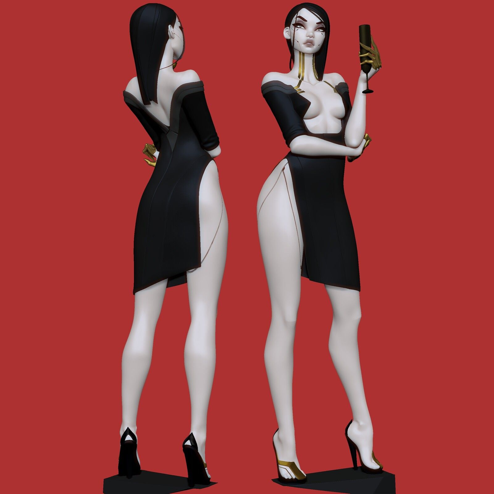 the image showcases a 3d rendering of a woman styled in a chic black cocktail dress with a daring thighhigh slit and gold accents. the dress is designed with an offshoulder neckline and features a unique back cutout. she is elegantly posing against a vibrant red backdrop, holding a champagne flute in one hand. the image presents two perspectives of the same woman, allowing for a comprehensive view of her attire and pose.  the lighting emphasizes her form and the texture of the fabric.