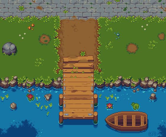 a pixel art image of a dock on a riverbank. the dock is made of wood planks and has a small rowboat tied to it. the riverbank is grassy with rocks and flowers. the perspective is topdown, and the overall feel is peaceful and idyllic.
