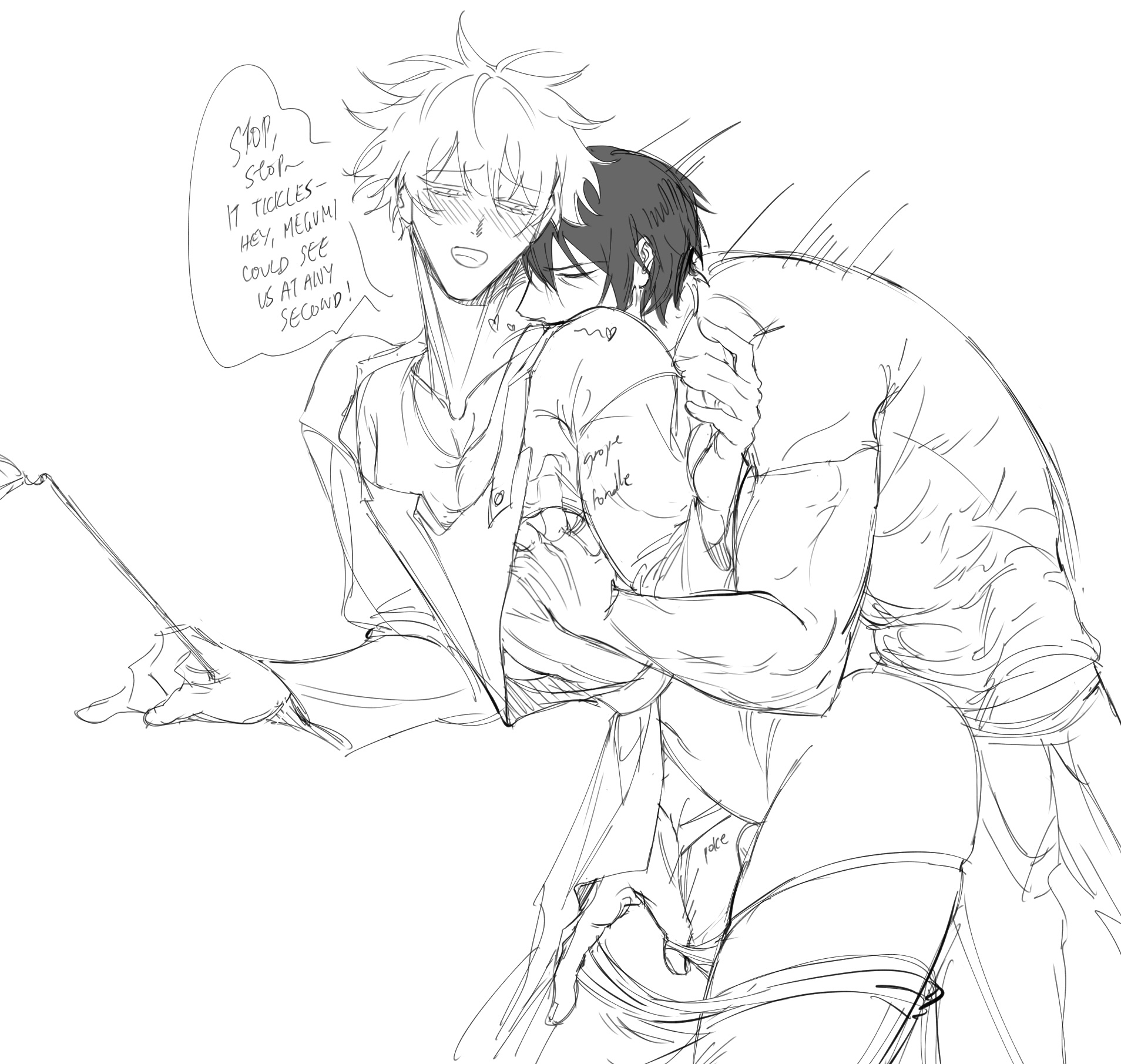 the image is a handdrawn sketch in monochrome, likely fanart from an anime or manga.  it depicts two young men intimately embracing. one, with spiky hair, is lightly restraining the other, who has shorter, darker hair and appears to be enjoying the interaction. text bubbles show dialogue indicating playful tickling and a concern about being seen. the style is loose and sketchy, characteristic of quick fanart. the focus is on the closeness and affection between the two characters. the suggestive nature of the embrace hints at a romantic or sexual undertone, common in bl (boys love) or yaoi genre art.