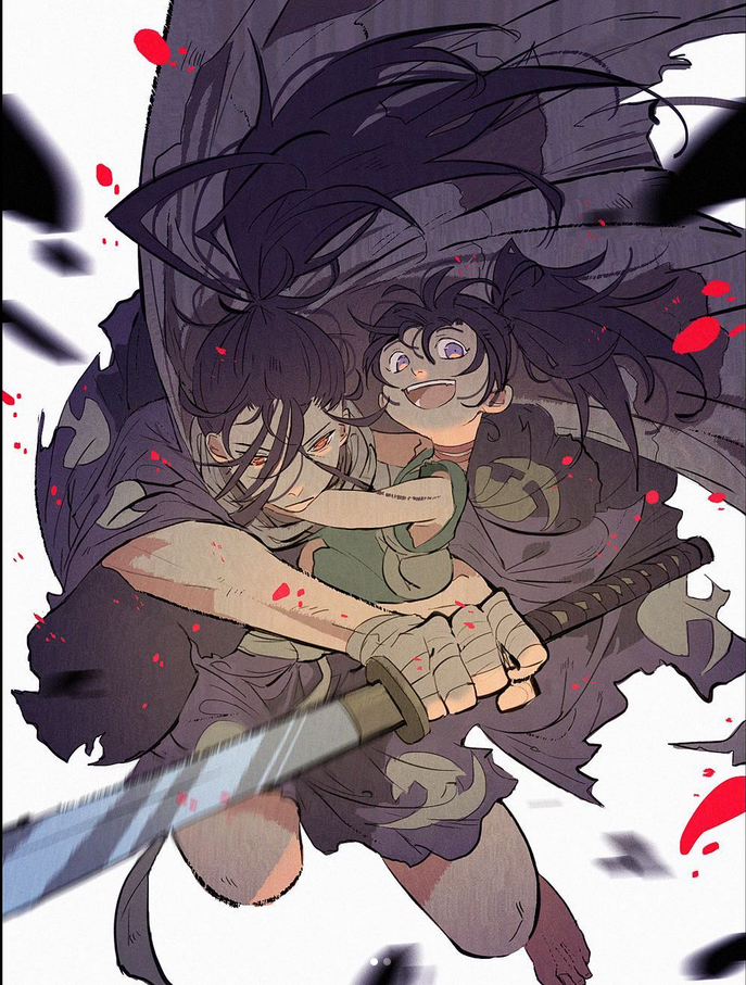 this anime illustration depicts a fierce warrior with long black hair and a scar over his right eye. he's holding a katana sword with his left hand, the blade pointing toward the right. his right hand is wrapped in white bandages and grips the handle. he's wearing a dark purple robe that is partially ripped, revealing the white bandages on his arm and chest. his expression is serious, with his brow furrowed and his eyes narrowed. he is surrounded by a flurry of action, with a young boy clinging to his back while he is holding a sword. the background of the image is a chaotic mix of red, black, and white, suggesting intense energy and movement. overall, the image is a dynamic and dramatic portrayal of a warrior engaged in a fight, with the focus on the warrior's determination and strength. the young boy beside him is a symbol of the stakes at hand.