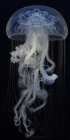 a mesmerizing photograph of a jellyfish, its translucent body illuminated by an ethereal glow, highlighting the intricate details of its delicate tentacles and the mesmerizing patterns on its bell. the image captures the graceful movement of this marine creature against a dark background, highlighting its ethereal beauty and the wonder of the underwater world.