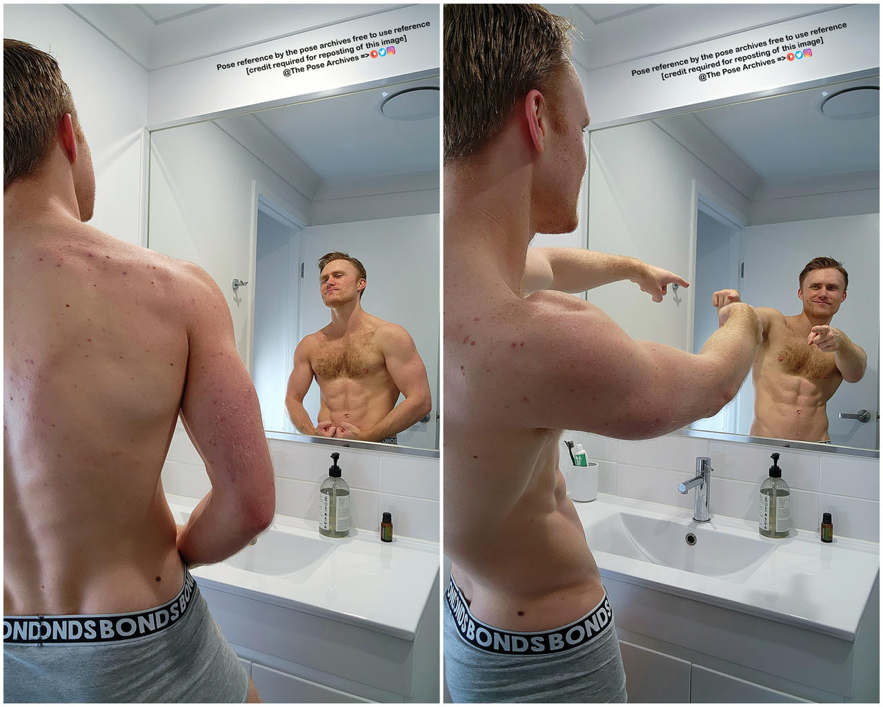 the image is a collage of two mirror selfies of the same man in a bathroom.  he is shirtless and wearing grey underwear. in the left photo, he is facing the mirror showing his back and looking over his shoulder. in the right photo, he is turned slightly to the side and pointing at his reflection.  both photos feature text indicating the images are pose references available for use with credit.