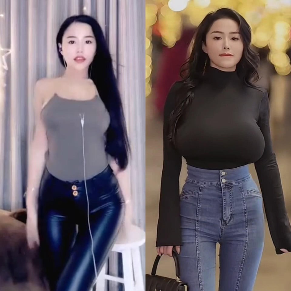 a sidebyside comparison of two images of asian women in different outfits. on the left, a woman wears a gray bodysuit and shiny black leather pants. on the right, a woman wears a black turtleneck long sleeve shirt and highwaisted jeans, holding a black handbag.