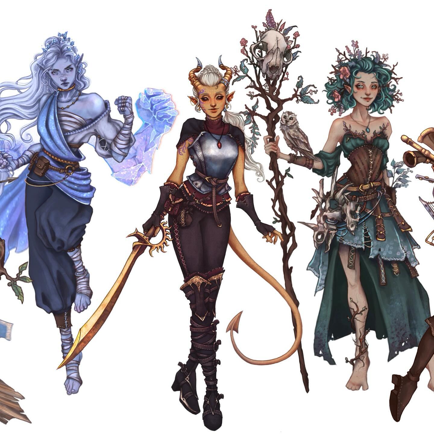 the image depicts a digital painting of four distinct female fantasy characters, possibly from a roleplaying game like dungeons & dragons. each character boasts a unique appearance and attire, suggesting diverse classes or roles. character 1 (left):  an elflike character with icy blue skin and hair, wearing flowing, lightblue clothing and wielding a small, possibly magical, object.  she appears ethereal and potentially associated with ice or winter. character 2 (center): a tiefling with orange skin, horns, and a tail, clad in dark armor and carrying a curved sword. her appearance suggests a warrior or fighter class. character 3 (centerright): a halfelf or wood elf with green hair and skin adorned with flowers and leaves; she wields a staff topped with a skull and other natural elements. her dress suggests a naturebased class, perhaps a druid or ranger. character 4 (right): a partially visible character, possibly human or elf, dressed in darker attire and holding a horn or similar object.  only part of this character is seen.the overall style is highly detailed, vibrant, and evocative of a fantasy setting. the characters are posed dynamically, suggesting action or readiness. the background is simple, keeping the focus on the characters themselves.  the image is likely promotional art for a game, book, or similar media.