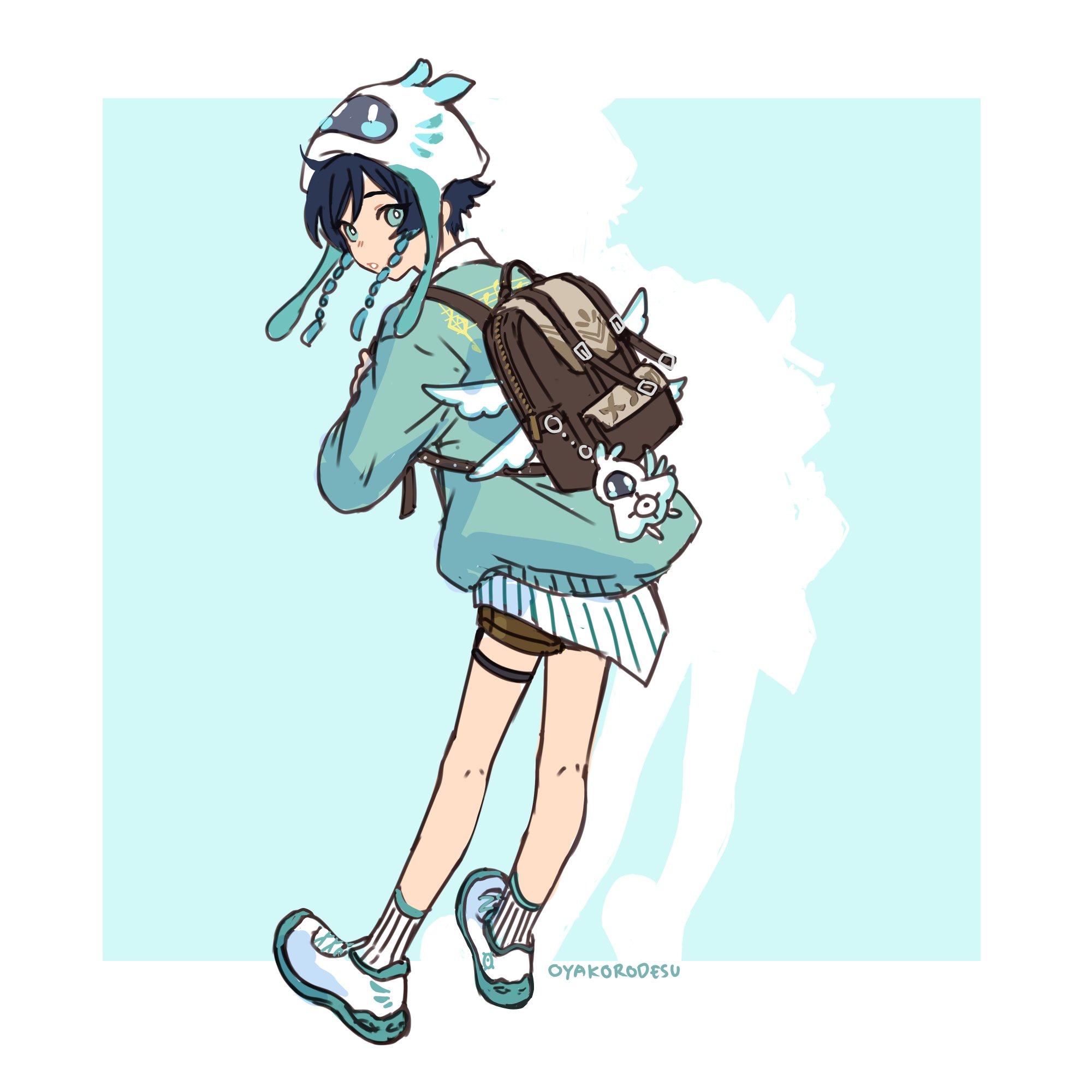 a cute anime boy with blue hair and a white hat is walking with a backpack and white sneakers. he has a blue and green color palette with white accents. the boy is wearing a blue shirt and brown pants, with a white and blue striped skirt showing from underneath the pants. he has a cute expression and is facing to the right.