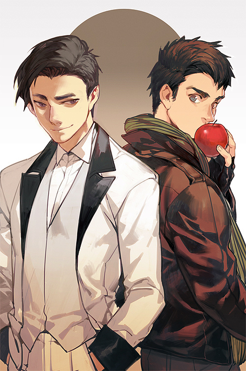 this is a digital drawing of two anime men. one of them is wearing a white suit with a black bowtie and is smiling at the viewer. the other man is wearing a brown leather jacket with a green scarf around his neck and is eating a red apple. they are standing close together. the art style is very detailed and the colors are vibrant. the image is set against a white background with a brown circle behind the men's heads.