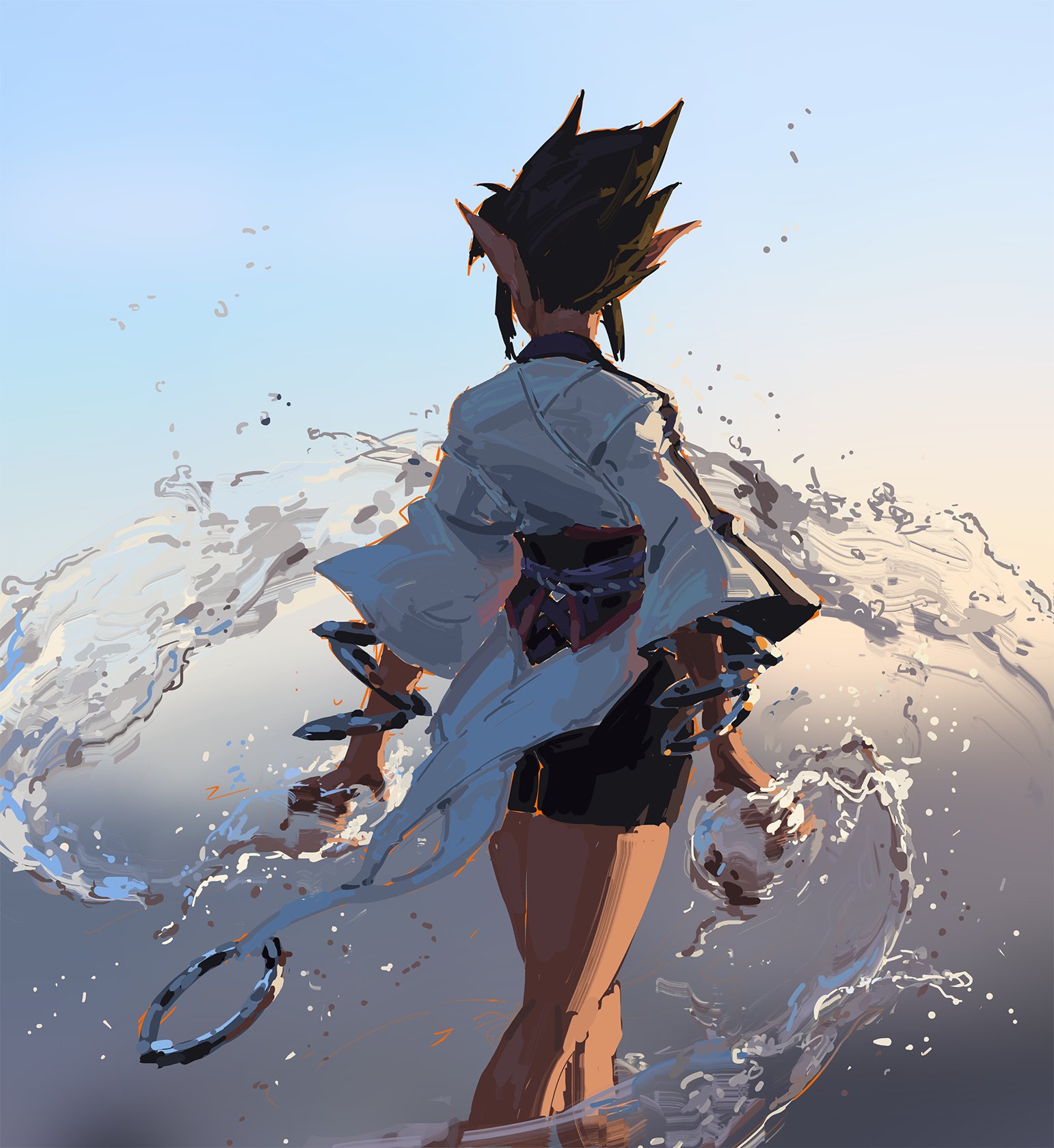the digital painting showcases a stylized female elflike character from the back, depicted in a painterly style with loose brushstrokes. she's wearing a lightblue kimonolike garment and dark shorts. the character appears to be walking or moving through a substantial amount of water, which is dynamically rendered with splashes and trails.  the water seems almost magical or elemental in its fluidity and movement around the character. the setting suggests an ocean or beach scene at either dawn or dusk, with a soft, warm light in the sky. the overall mood is serene and mysterious, and the character's pose suggests a sense of journey or contemplation.