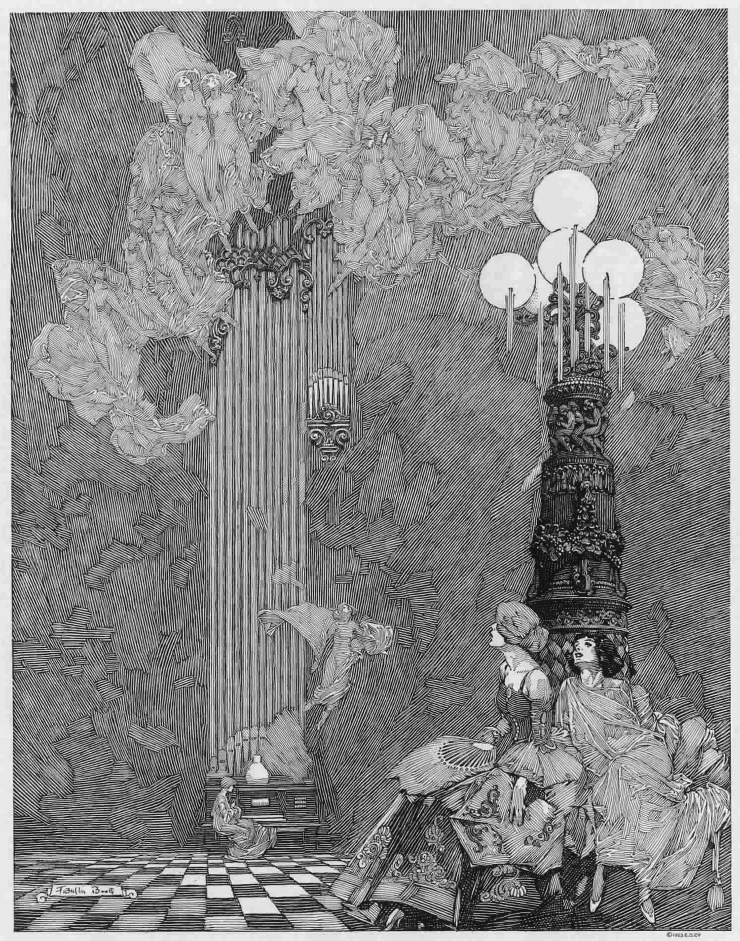 this is a black and white illustration in the art nouveau style, likely by alphonse mucha. the image features two elegantly dressed women seated, gazing upward. above them, ethereal, ghostly figures float in a cloudlike formation.  a large, ornate organ and a similarly ornate chandelier are prominent features of the scene. the architectural details suggest an interior space, possibly a grand hall or temple. the overall mood is mystical and dreamlike, with a strong emphasis on line and detail characteristic of mucha's work. the floor is depicted as a checkered pattern. a third figure, possibly an angel or spirit, seems to be descending from the organ. the illustration is rich in texture and contrast, creating a dramatic and evocative scene.