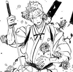 a black and white illustration shows a young man, likely a samurai, in a moment of pain or contemplation. he's clad in a traditional kimonolike garment, his chest partially exposed, revealing bandages across his chest and a blindfold covering his eyes. roses and petals surround him, some with thorns piercing his skin. he clutches a katana in one hand, its blade pointing downwards, while the other rests on his stomach, as if nursing a wound. the image is rich in contrast, the stark black lines of the artwork accentuating the delicate beauty of the flowers and the evident struggle of the character.